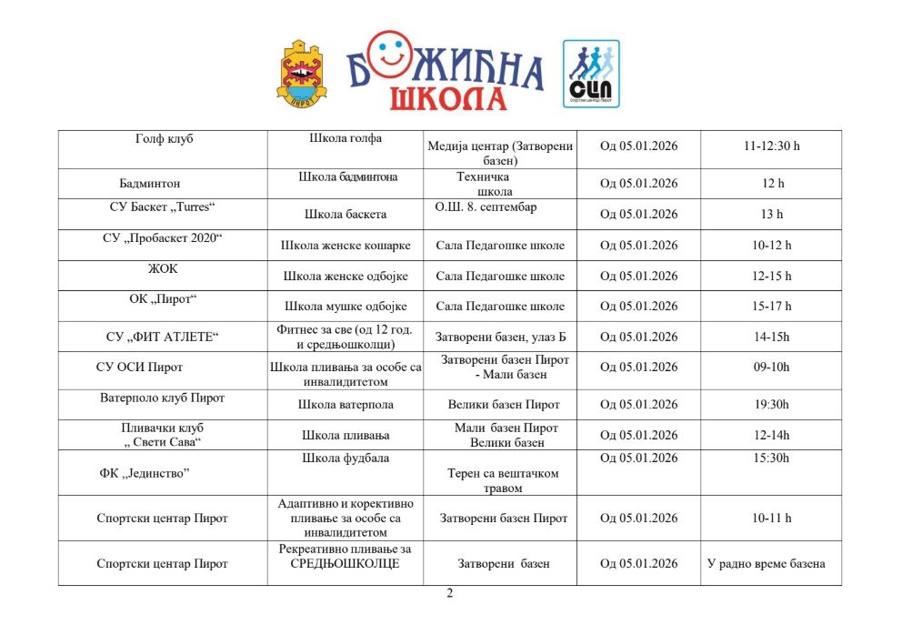 RASPORED AKTIVNOSTI TOKOM BOŽIĆNE ŠKOLE 2026 | Pirot vesti