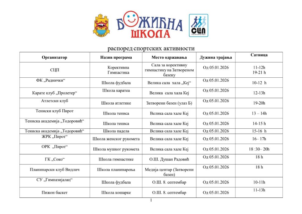 RASPORED AKTIVNOSTI TOKOM BOŽIĆNE ŠKOLE 2026 | Pirot vesti